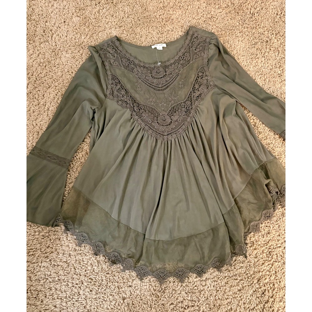 Olive Green Fairy Crochet Lace Babydoll Mesh Trim Blouse Top Small by Ultra Pink